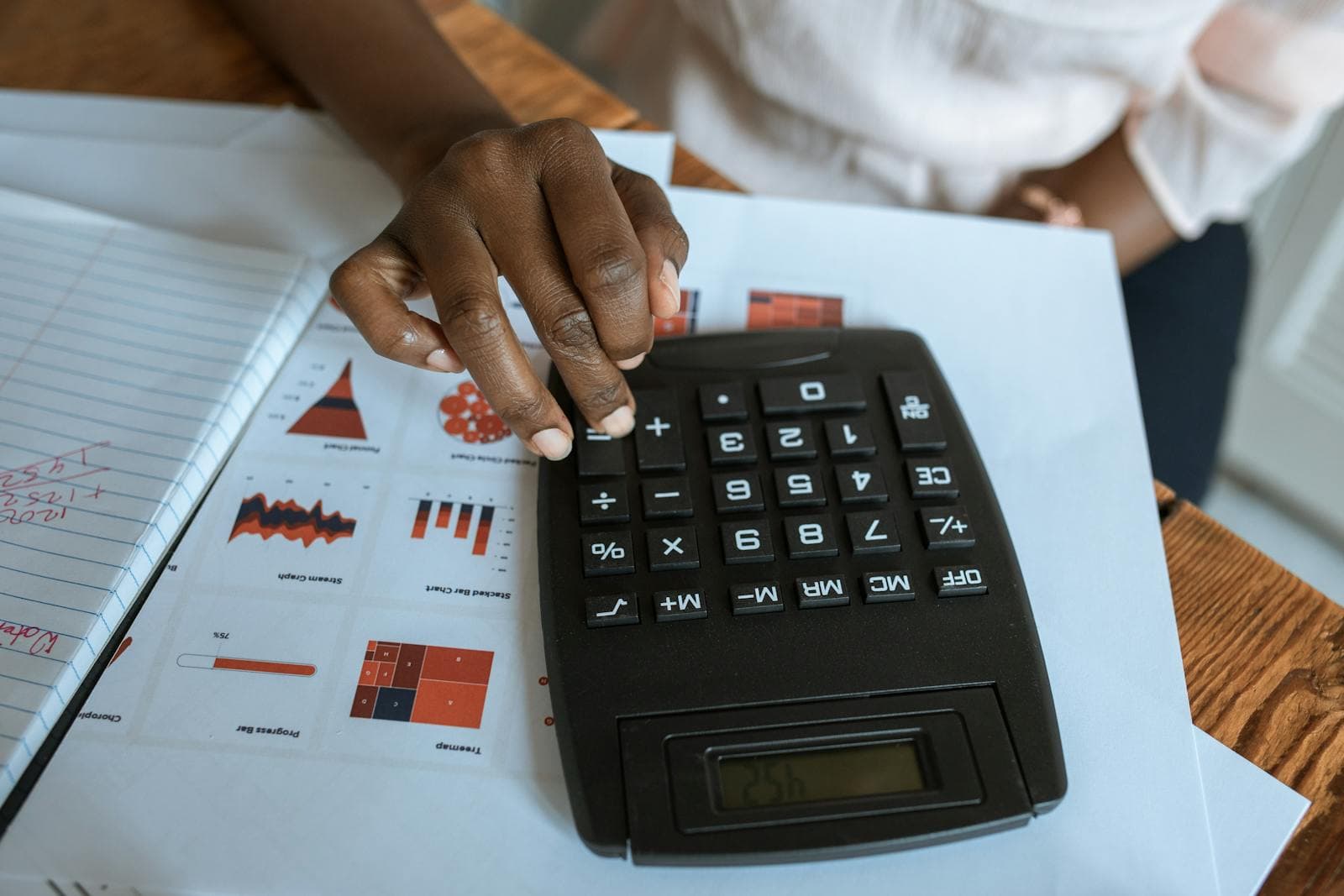 Business professional calculating financial data with charts and a desk calculator