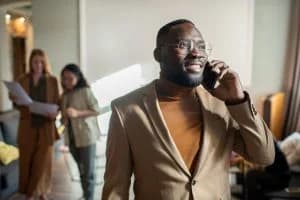 Professional on the phone in a modern office setting